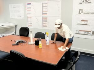 Cleaning business forms and checklists in use during a commercial office cleaning job